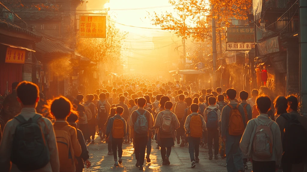 户外街道上一群孩子奔跑嬉戏的场景