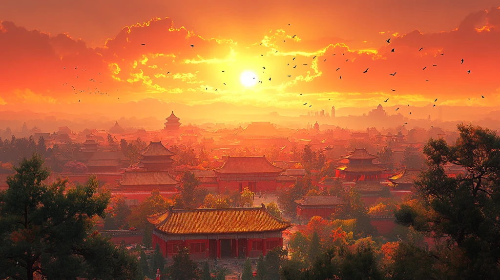 故宫古建筑群上空飞鸟翱翔的景象