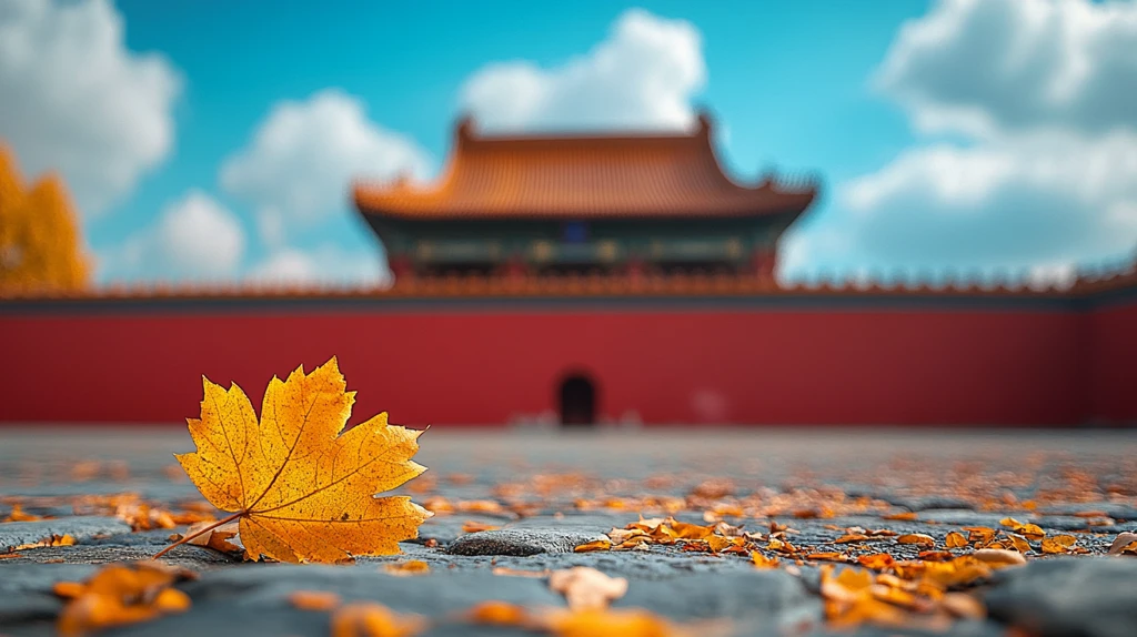 红墙之上黄叶飘落的秋景