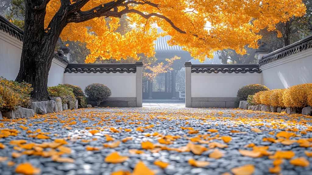 白墙小径旁的银杏树金黄落叶铺满地面