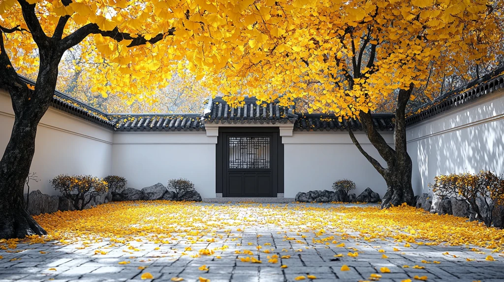 白墙小径旁的银杏树金黄落叶铺满地面