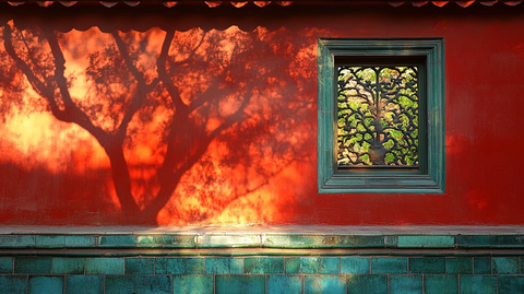 红墙绿瓦上的树影