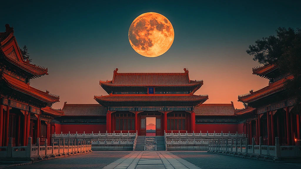 蓝天下故宫古建筑与明月相映的景致