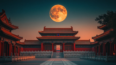 蓝天下故宫古建筑与明月相映的景致