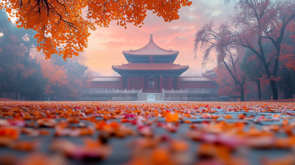 古建前铺满黄叶的秋景