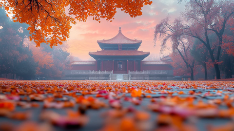 古建前铺满黄叶的秋景