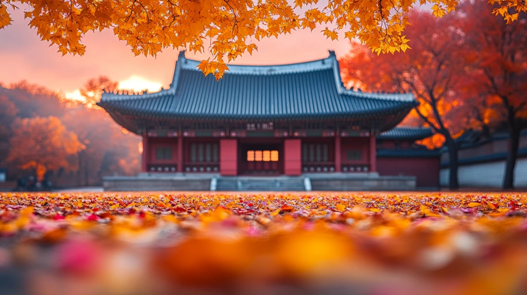 古建前铺满黄叶的秋景