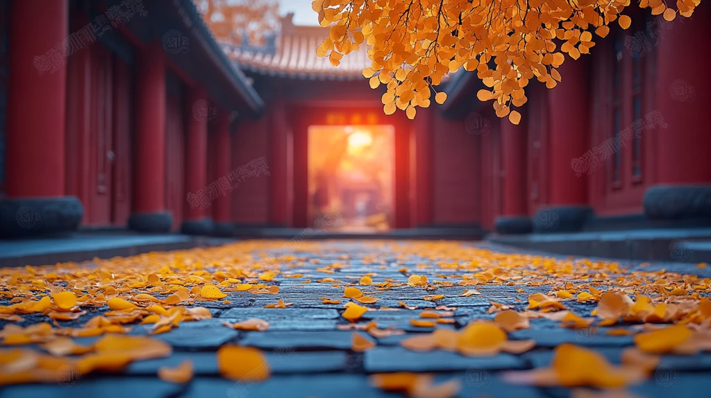 古建前铺满黄叶的秋景