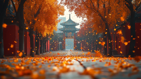 古建筑背景下的落叶纷飞景象
