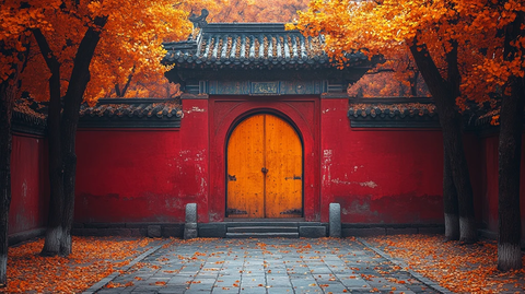 古建筑背景下的落叶纷飞景象