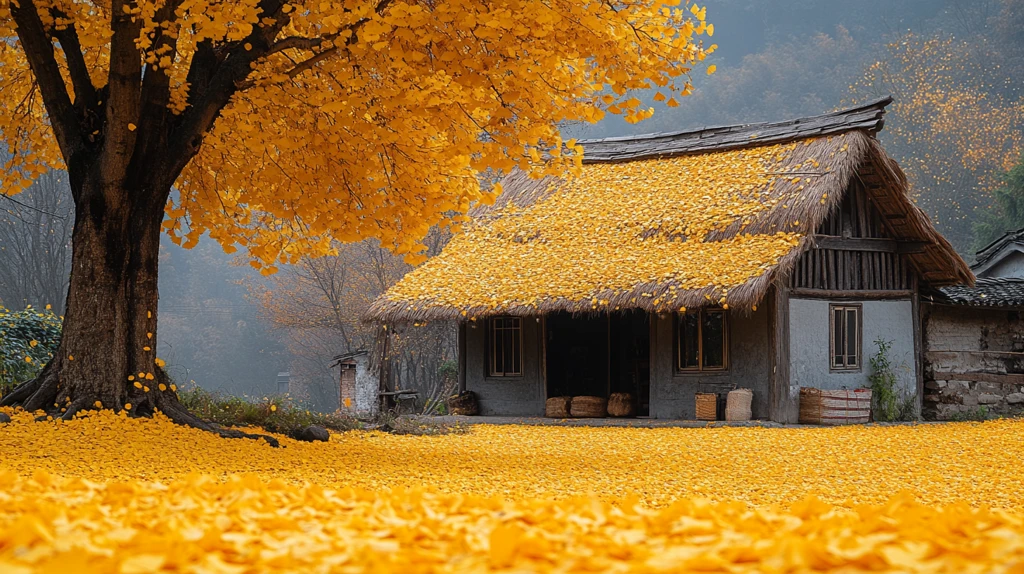 老旧房屋旁金黄银杏落叶堆积的景象