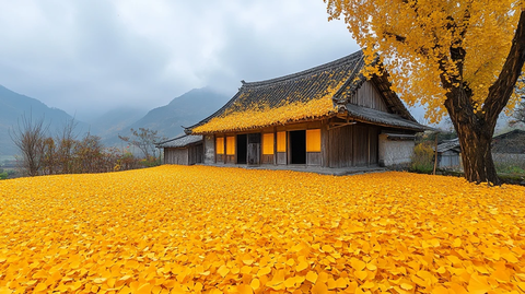 老旧房屋旁金黄银杏落叶堆积的景象