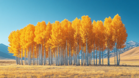 水边金黄树木成林的自然风光