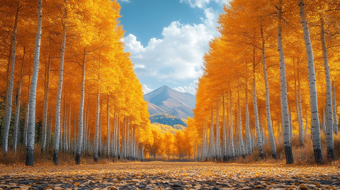 水边金黄树木成林的自然风光