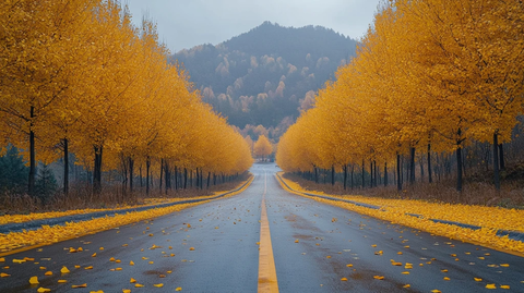 银杏大道全景金黄落叶铺满蜿蜒道路