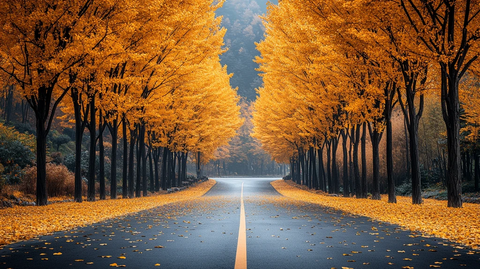 银杏大道全景金黄落叶铺满蜿蜒道路