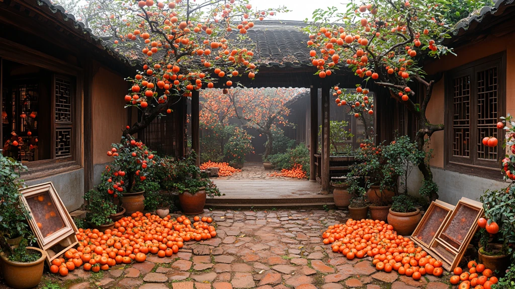 古屋外柿子树挂满果地上摆着柿子框