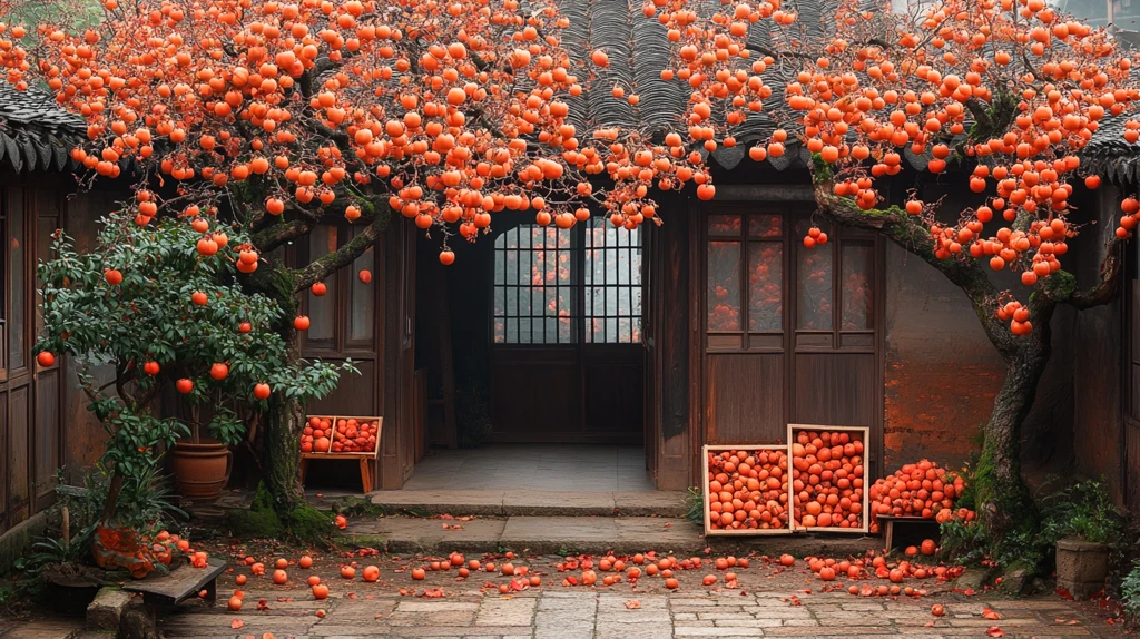 古屋外柿子树挂满果地上摆着柿子框