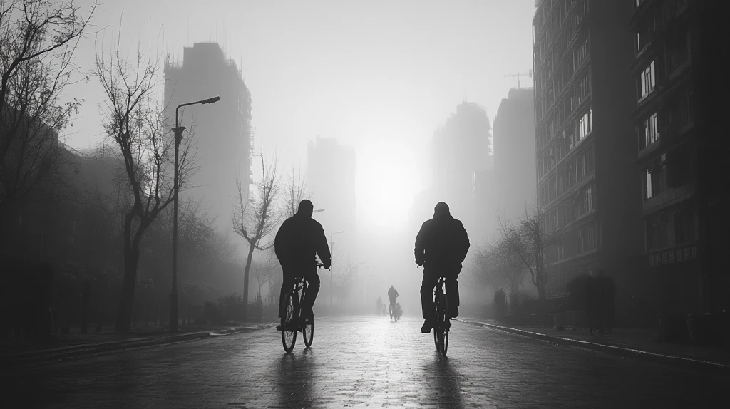 雾中街道上骑行者身影构成的城市剪影