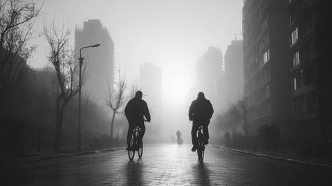 雾中街道上骑行者身影构成的城市剪影