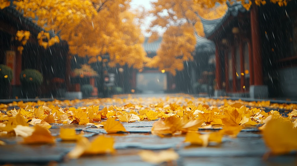 铺满黄叶的潮湿街道秋意浓