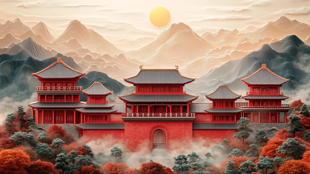 故宫古建筑群与落日余晖的景象