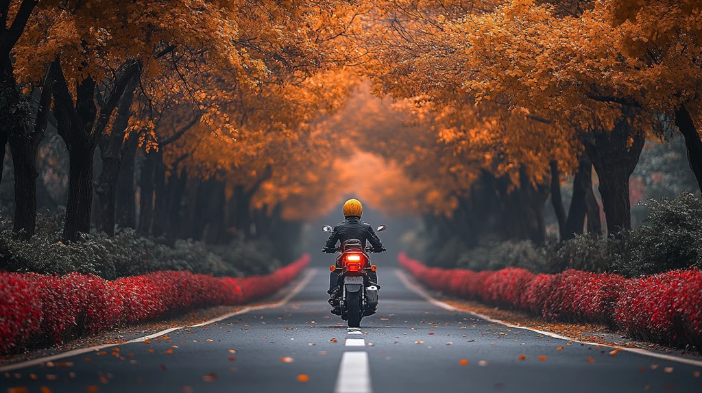 骑摩托车穿行在满是黄叶的林荫大道上