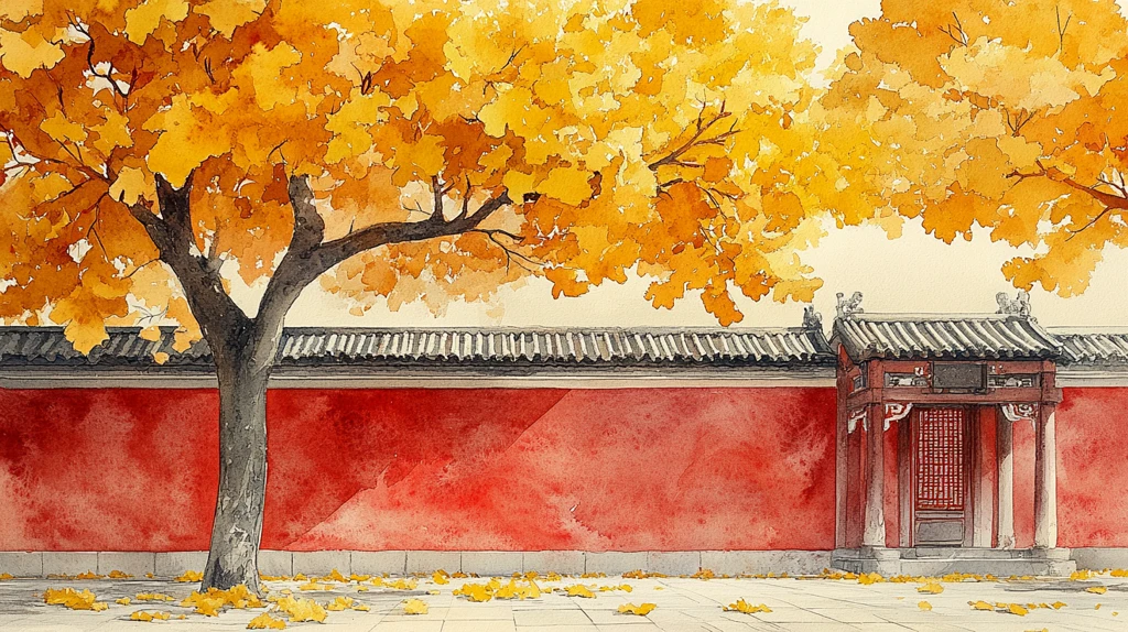 红墙旁银杏树金黄树叶飘落的唯美画面