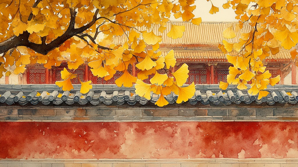 红墙旁银杏树金黄树叶飘落的唯美画面