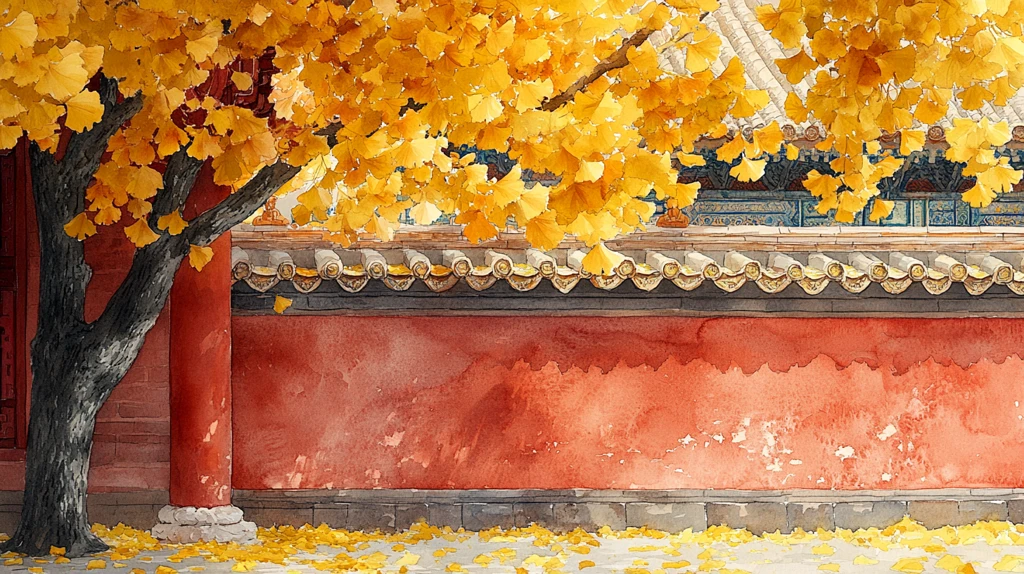 红墙旁银杏树金黄树叶飘落的唯美画面