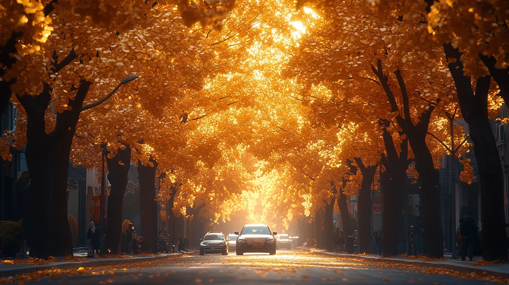 秋日阳光中车辆行人穿行于林荫道