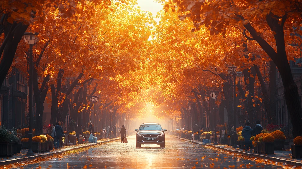 秋日阳光中车辆行人穿行于林荫道