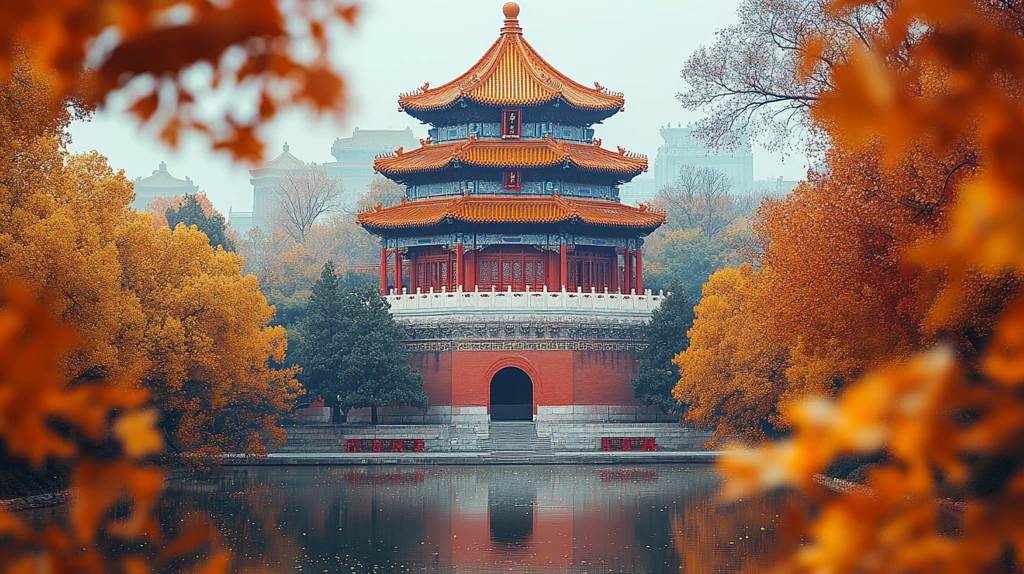 古建筑门前金黄银杏叶铺满地的景象