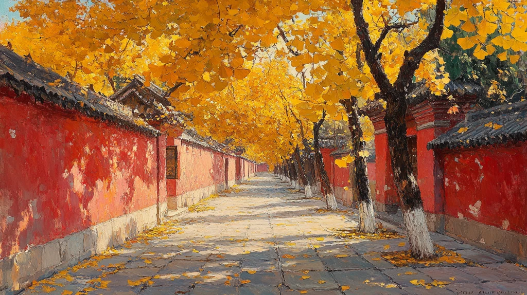 红墙旁银杏树下的静谧小道