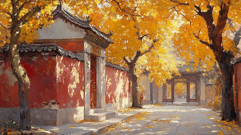 红墙旁银杏树下的静谧小道