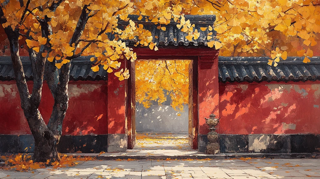 红墙旁银杏树下的静谧小道