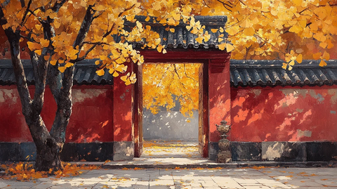 红墙旁银杏树下的静谧小道