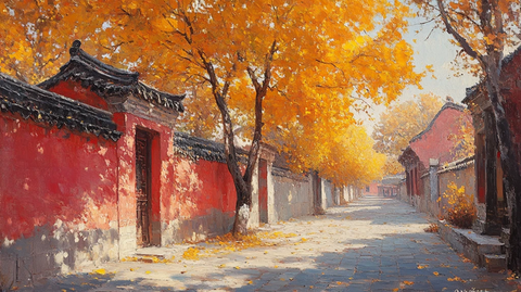 红墙旁银杏树下的静谧小道