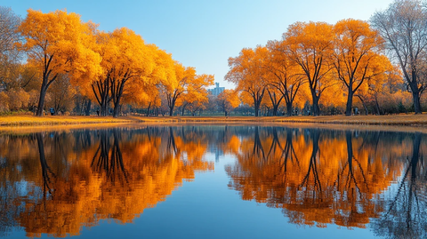 水边金黄色树木的自然风景