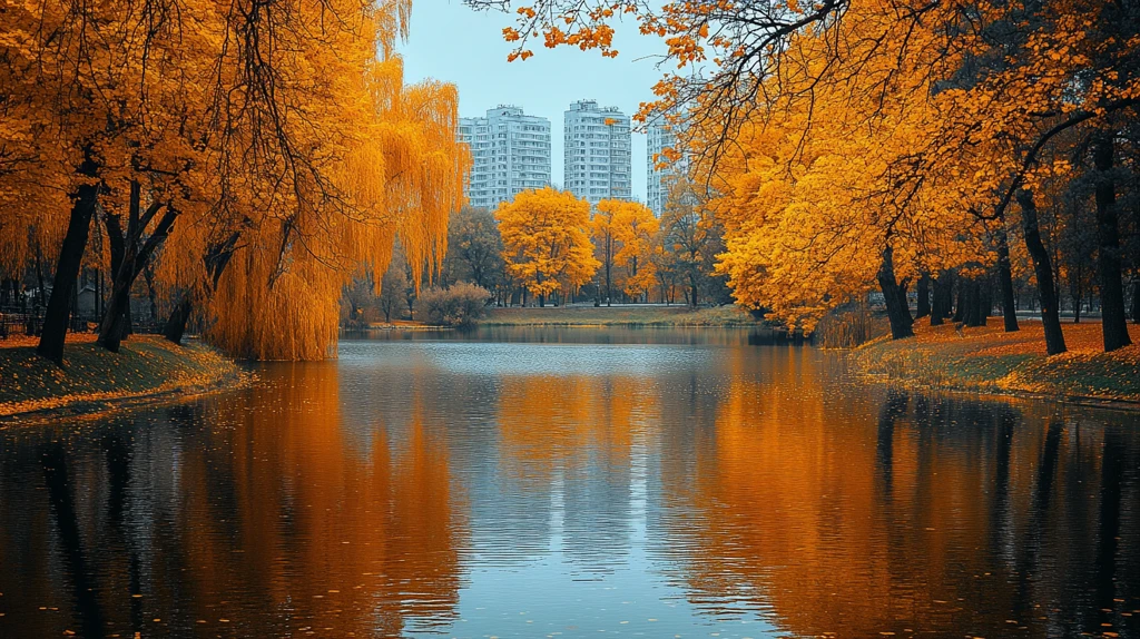 水边金黄色树木的自然风景