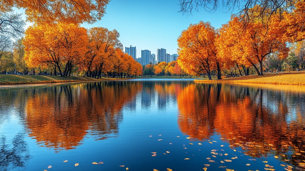 水边金黄色树木的自然风景