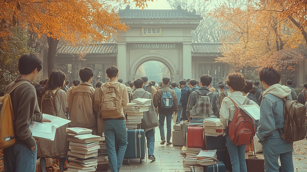 背着行囊的学生们走过校门的场景