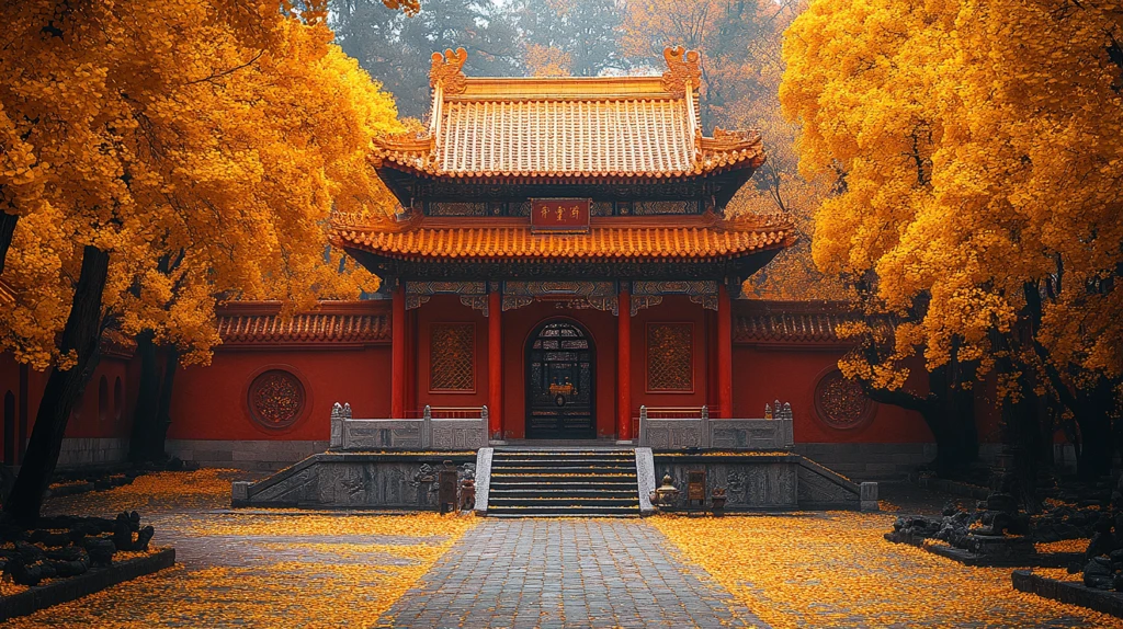 红墙建筑前铺满黄叶的秋日美景