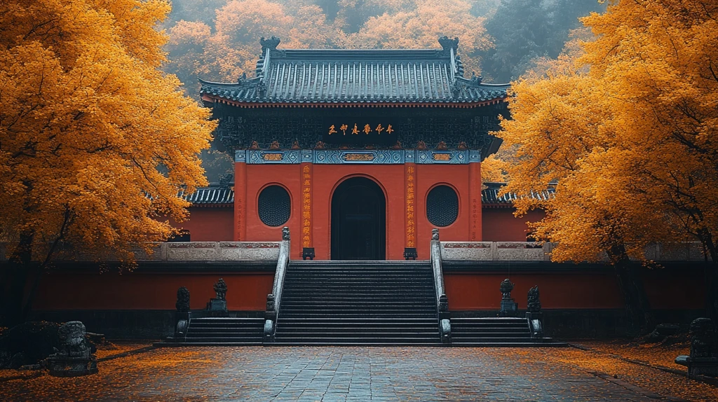 红墙建筑前铺满黄叶的秋日美景