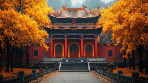 红墙建筑前铺满黄叶的秋日美景