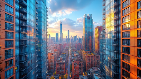 城市中林立的高楼与茂密树林的全景图