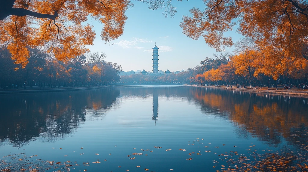 水边赏塔景金黄树叶下的惬意漫步