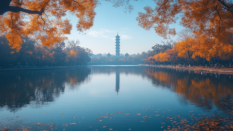 水边赏塔景金黄树叶下的惬意漫步