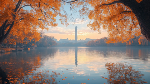 水边赏塔景金黄树叶下的惬意漫步