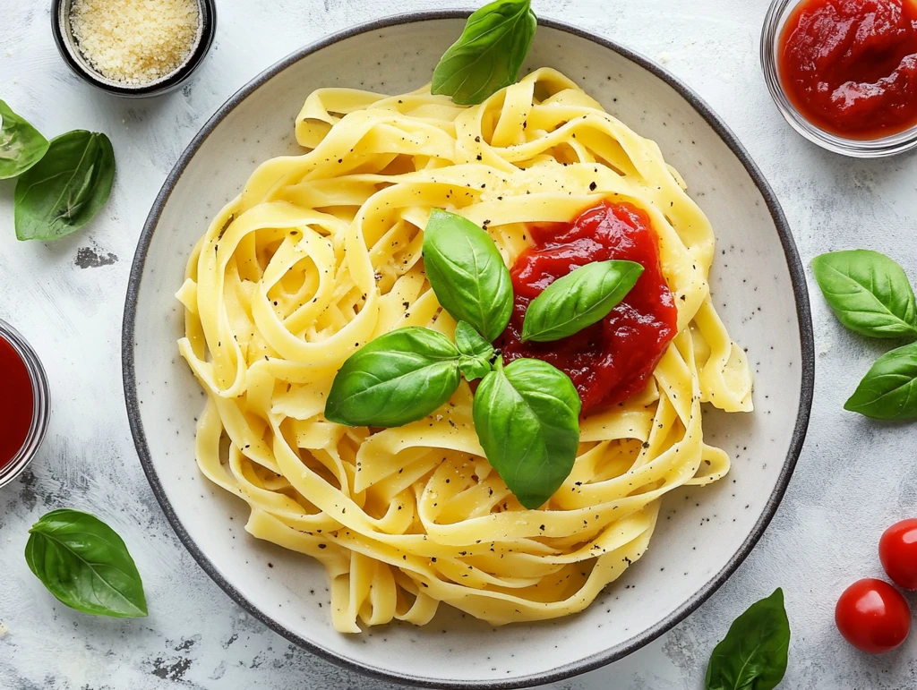 白盘俯拍番茄酱罗勒意大利面